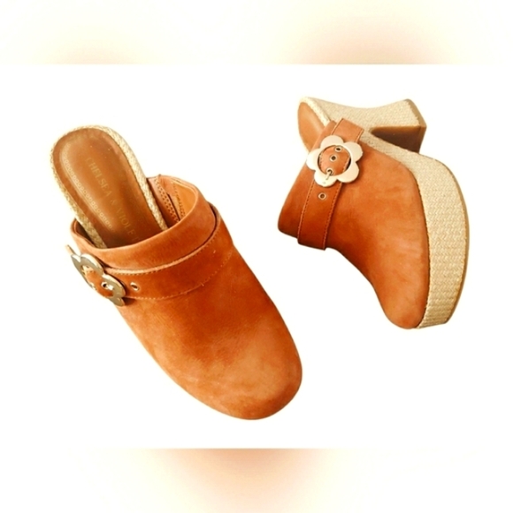 Boho 7 Retro Hipster Platform Brown Suede Espadrille Clog Mules New - Picture 1 of 7